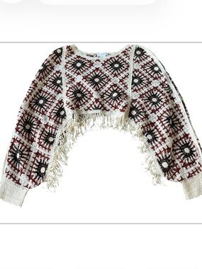 Poncho House of Harlow 1960 Crochet Fringe Sweater Cream Burgundy Brown boho